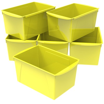 Storex Wide Plastic Book Bin, Paper Storage for Children, Yellow, 6-Pack