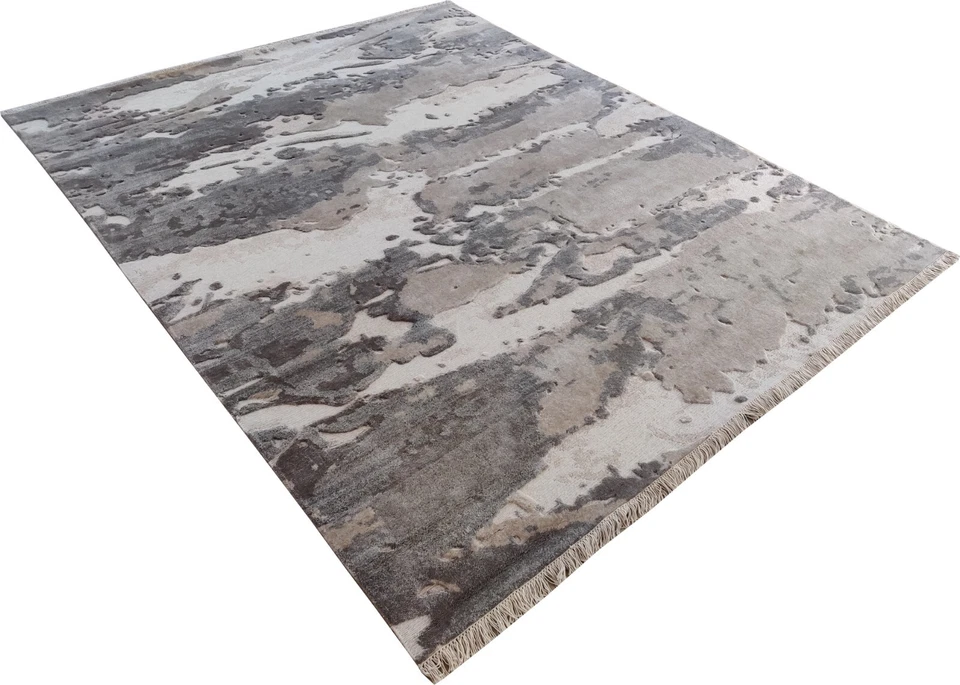 100% Wool 8 x 10 Hand-Woven Knotted Area Rug Large Grey Beige Ocean Modern - Image 3 of 4