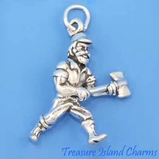 Lumberjack Paul Bunyan Wood Cutter Logger 3D 925 Solid Sterling Silver Charm
