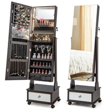 Standing Jewelry Armoire w/Vanity Mirror Lockable Organizer LED Lights Brown