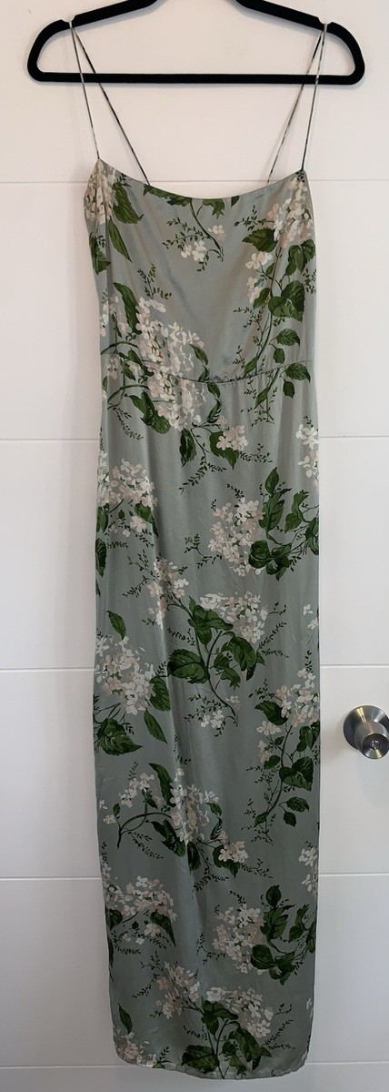 Reformation Frankie Silk Dress Square Neck Floral Maxi Dress Light Green  Tea