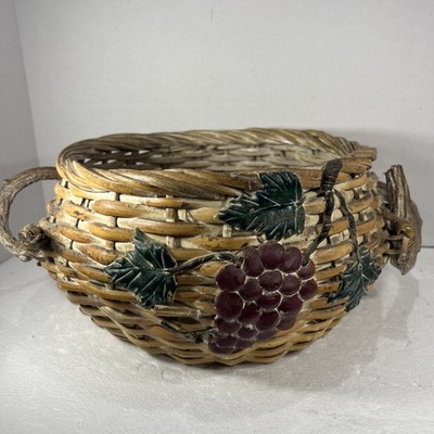 Vtg Hand Woven Wicker Basket Clay Grapes And Leaves With Grapevine Handles 16 In