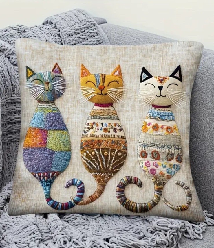 SET OF 2 - 18” 3 SOFT Cat Trio Pillowcase Farmhouse Sofa Pillow Beige Cats