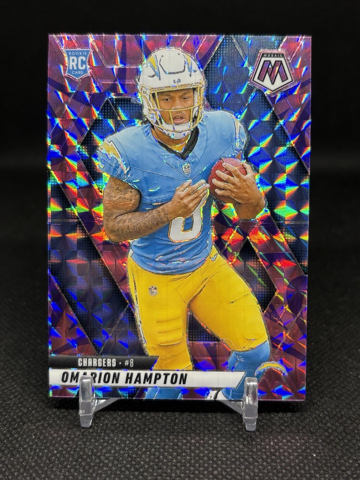 2025 Panini Mosaic Omarion Hampton RC #335 Purple Reactive Prizm Chargers SP
