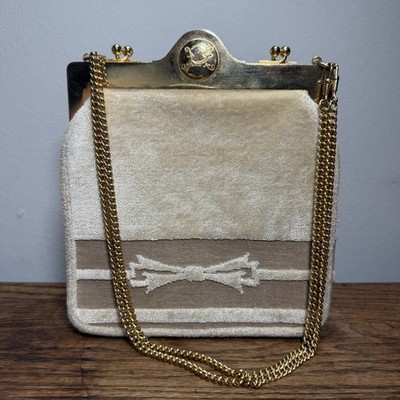 Vintage Roberta Di Camerino Beige Velvet Minaudière Bow Chain Evening Bag