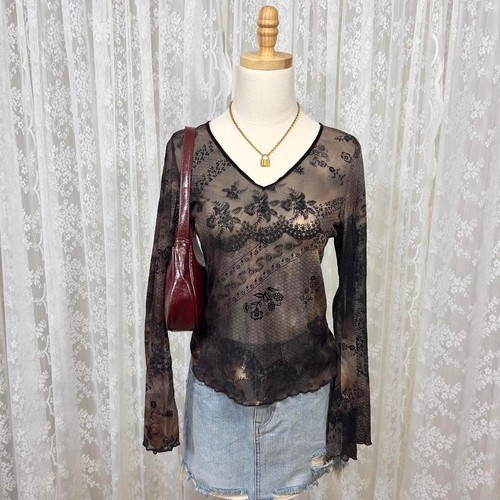 Vintage Y2K Von Mozart Brown/Black Sheer Mesh Flare Sleeve L Floral Whimsigoth