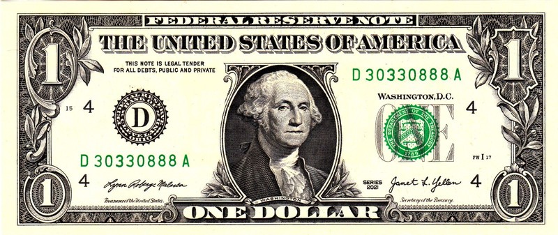 $1 2021 Fancy Serial  Uncirulated CU D30330888A