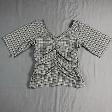 Ganni archival seersucker ruched blouse v-neck stretch 42 us 12 L check