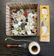 Vintage Buttons Thimbles Tracing Wheel Twine & ORCO Tack- It Pattern Marker 