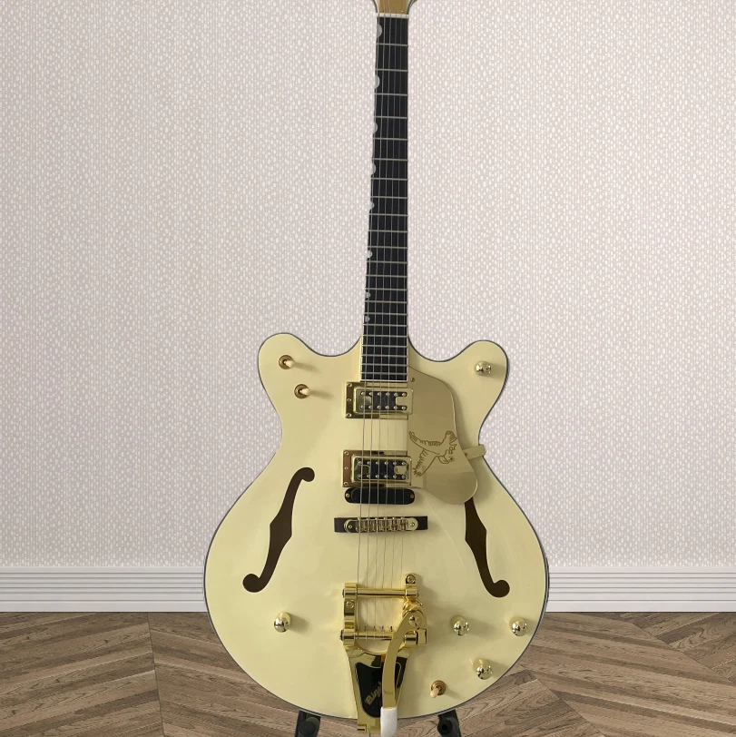 Guitarra Eléctrica Jazz Personalizada Crema Semi-Hueca Diapasón Oro Accesorio Foto 2 de 4