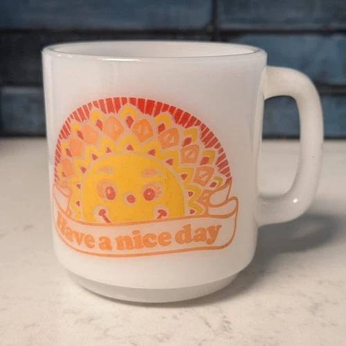 Vintage 1978 Glasbake Milk Glass Coffee Mug “Have a Nice Day” Sunshine