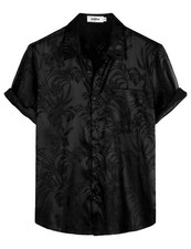 Mens Summer Casual Jacquard Regular Fit Black Short Sleeve Button Down Shirts
