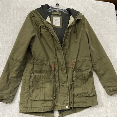 Bershka Premium Collection Olive Grn Sherpa Lined Hooded Parka Jacket Women s S