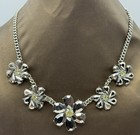 Silver Tone Floral Bib Statement Necklace — Dark Crystal & Rhinestone Flowers