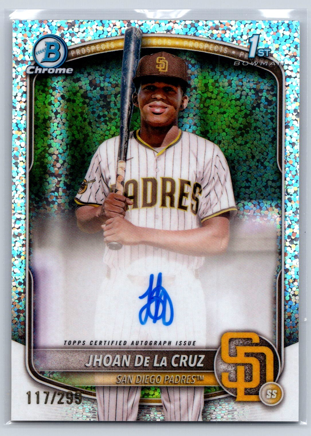 2025 Bowman Chrome Jhoan De La Cruz Speckle Auto #/299 1st Padres