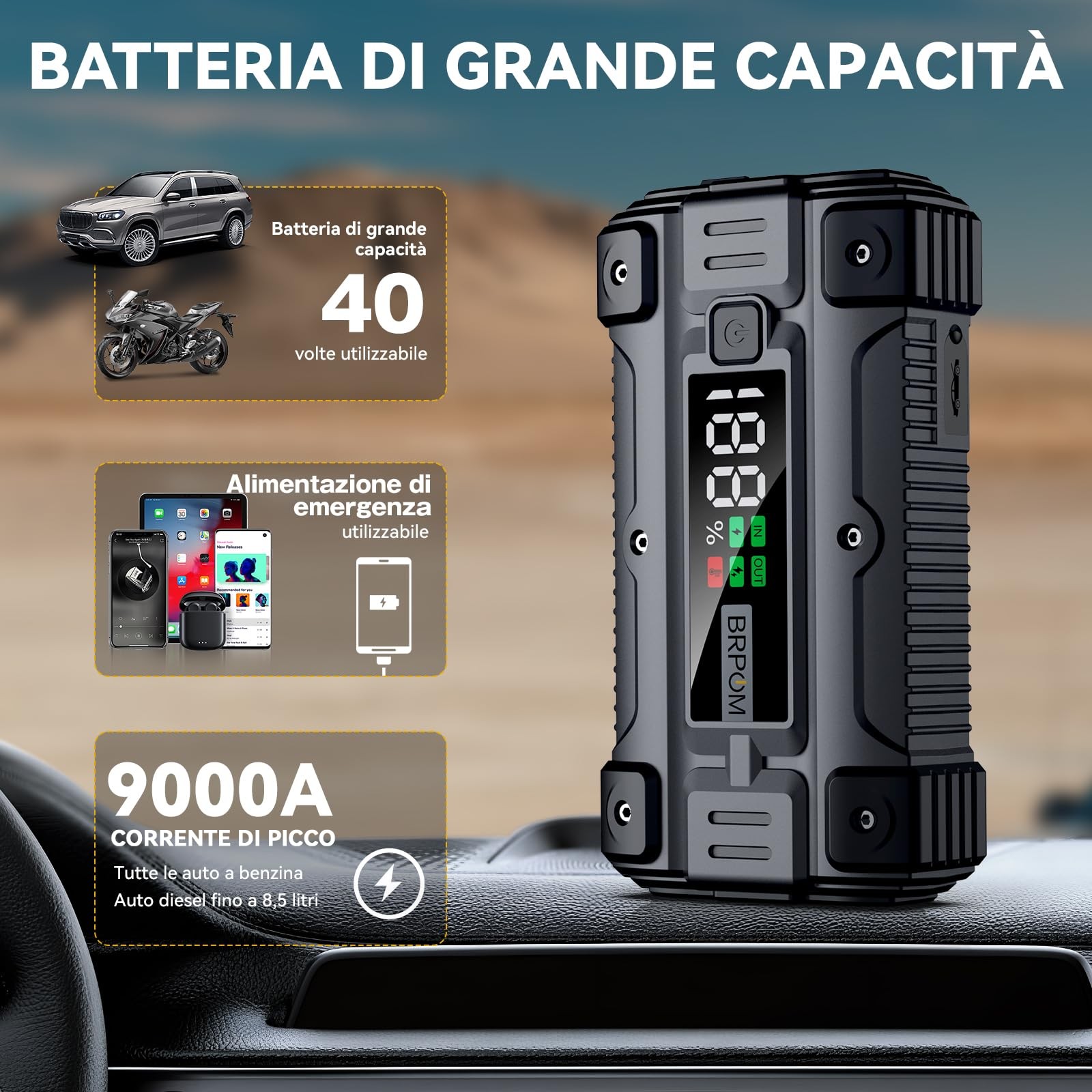 Avviatore Batteria Auto 9000A Avviatore di Emergenza per Auto/Moto (Motori Fino - Miniatura 2