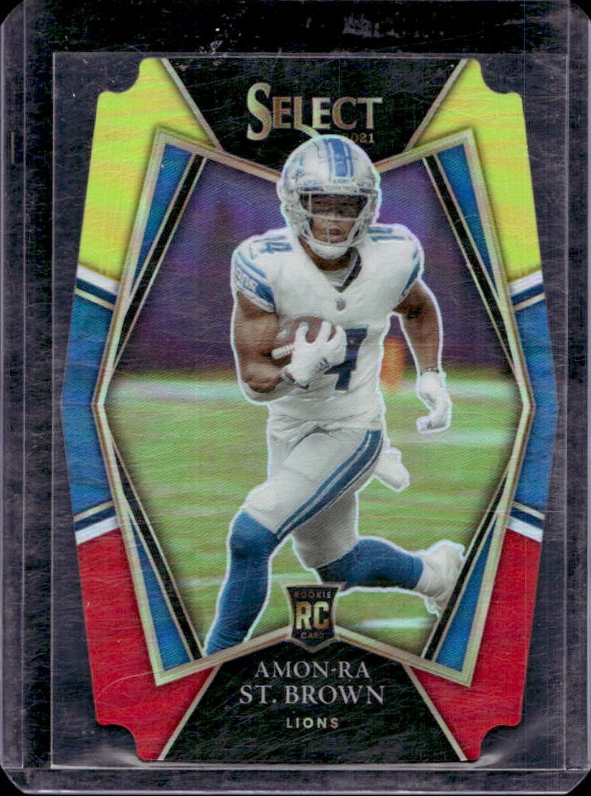 2021 Select Amon-Ra St. Brown RC Red and Yellow Prizm Die Cut Premier Level #173