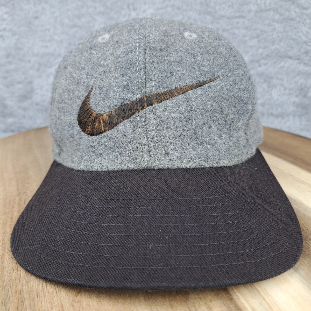 VINTAGE Nike Hat Cap Strap Back Gray Wool Fleece Big Swoosh  display picture 2