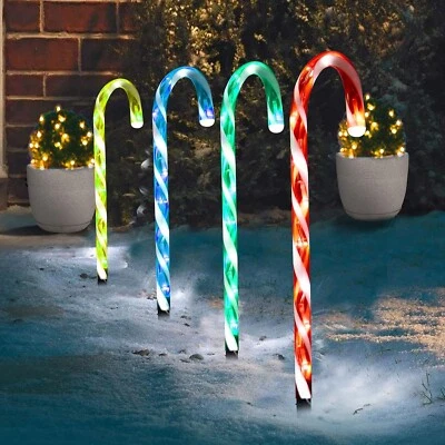4 x LARGE CHRISTMAS CANDY CANE PATHWAY LIGHTS GARDEN BATTERY POWER MULTI COLOUR