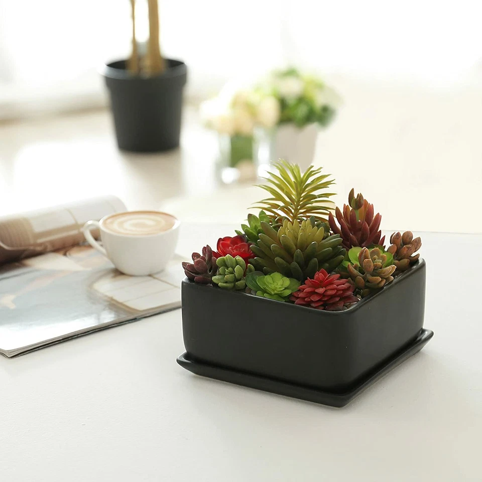 7 inch Square Ceramic Succulent Planter Pot with Drainage Tray, Window Box - Image 4 of 4