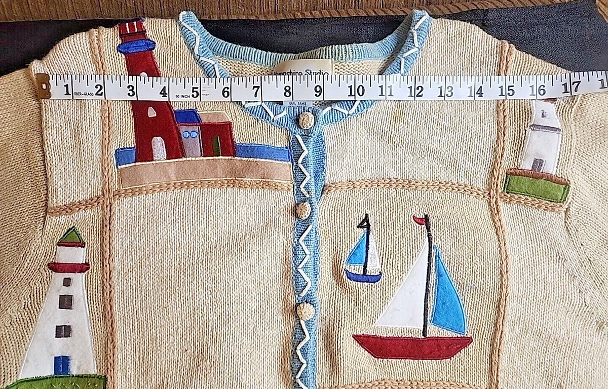 Hampshire Studio Lighthouse Nautical Short Sleeve Cardigan Size 1X (T86) View 3