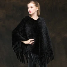 100% Real Mink Fur Knitted Cape Stole Scarf Shawl Coat Poncho cloak With tassel