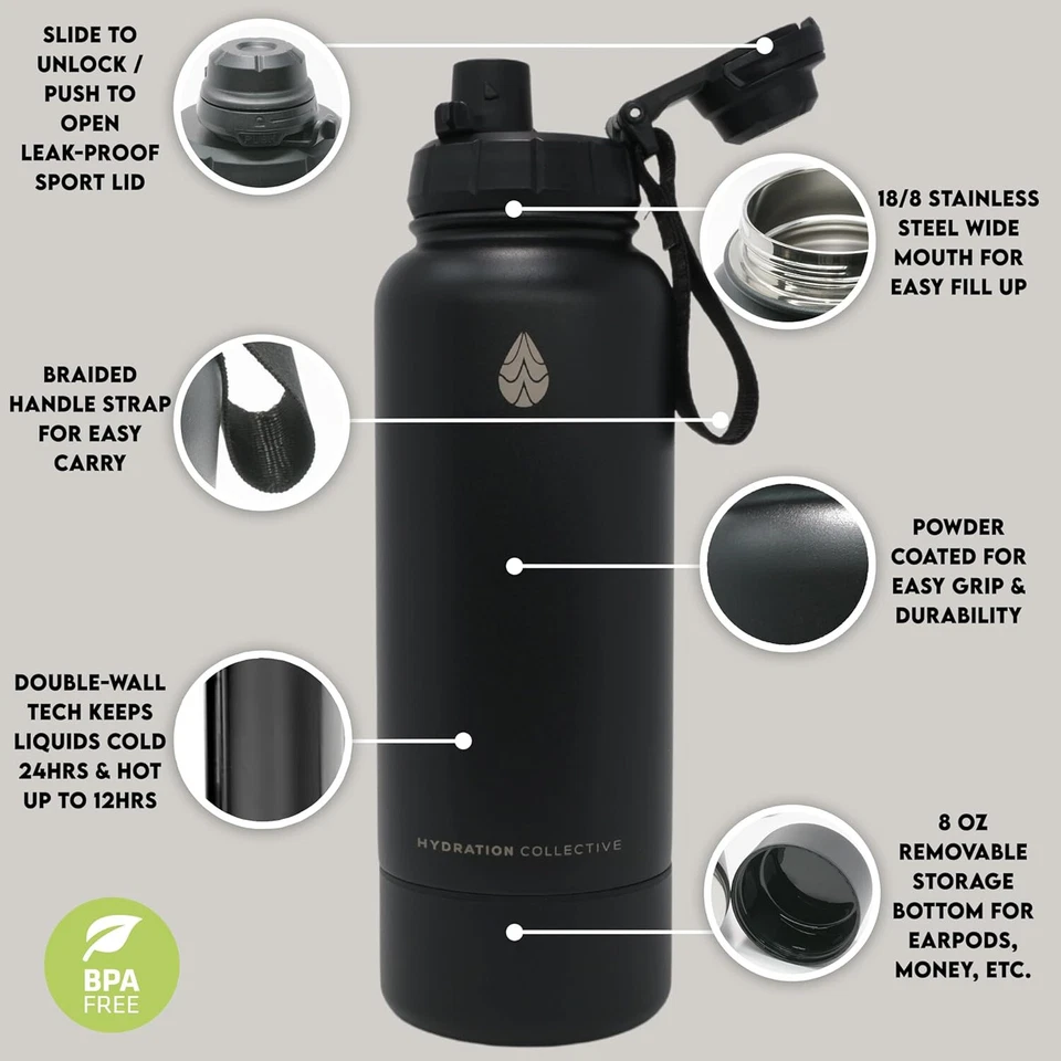 Botella de agua aislada con caja fuerte oculta - acero inoxidable 32 OZ sin BPA fácil de transportar Foto 3 de 4