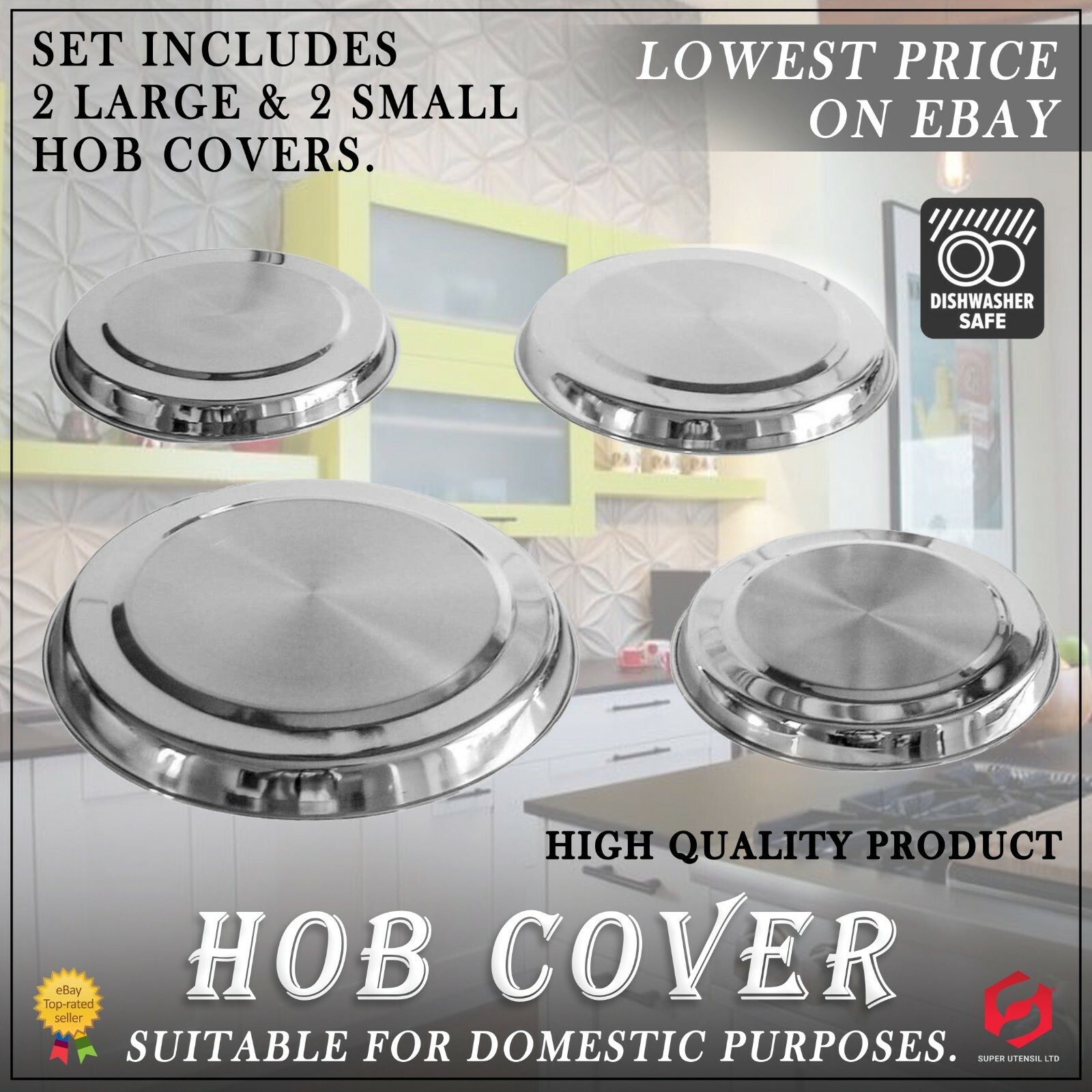 4pc Hob Cover Set Stainless Steel Metal Electric Cooker Ring Lid TOPS