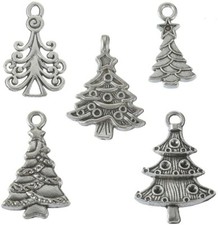 8 Christmas Tree Charms Antique Silver Pendants Findings Holiday Set Assorted
