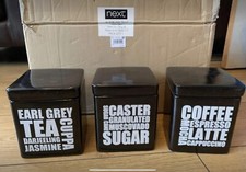 BNIB NEXT Set of 3 Black Storage Jar Canisters. Text Design - Sugar, Tea, Coffee