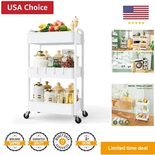3 Tier Rolling Utility Cart, Metal Trolley Cart with Wheels, Hooks, Easy Asse...