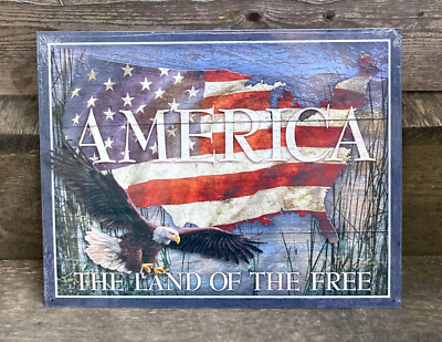 America Land of the Free 16x12.5'' METAL SIGN patriotic eagle US flag wall decor