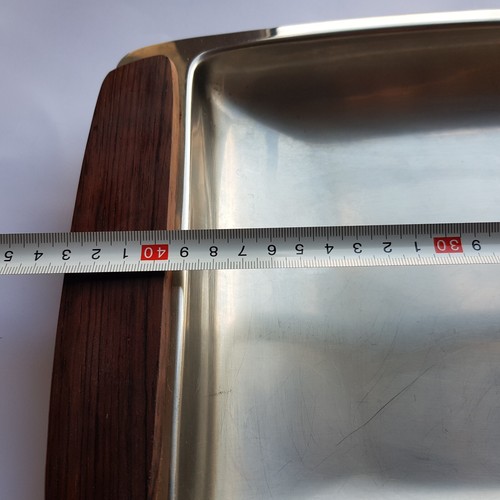 Voss Denmark stainless service tray Mid Century teak handle Vintage 43cm MCM - Picture 5 of 23