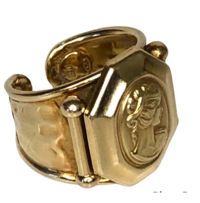 Authentic Yellow 18k Gold Signet Cameo Cuff Ring 8 Grams Size 7.75