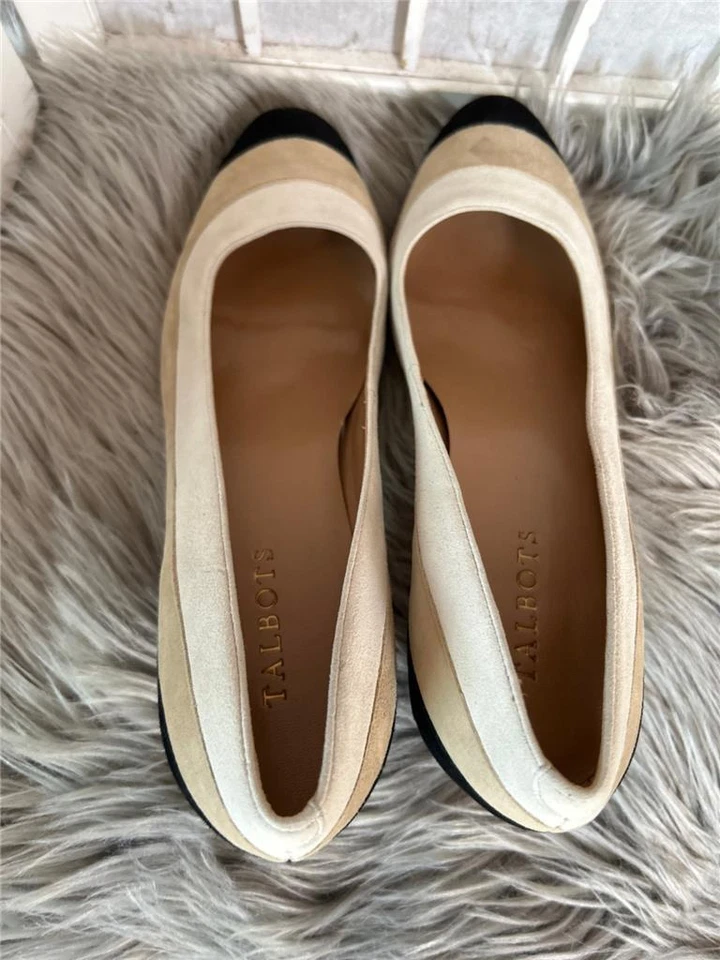 Nuevo Para Mujer 10B Talbots Beige/Negro Gamuza Rayas Tacón Bloque Zapatos de Corte Foto 3 de 4