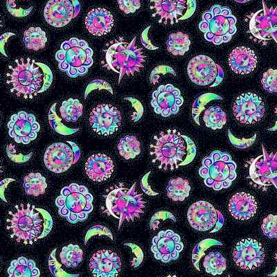 Celestial Magic Laurel Burch ECLIPSE Sun Moon Purple TOSS BLACK Fabric FQ 1/4 YD