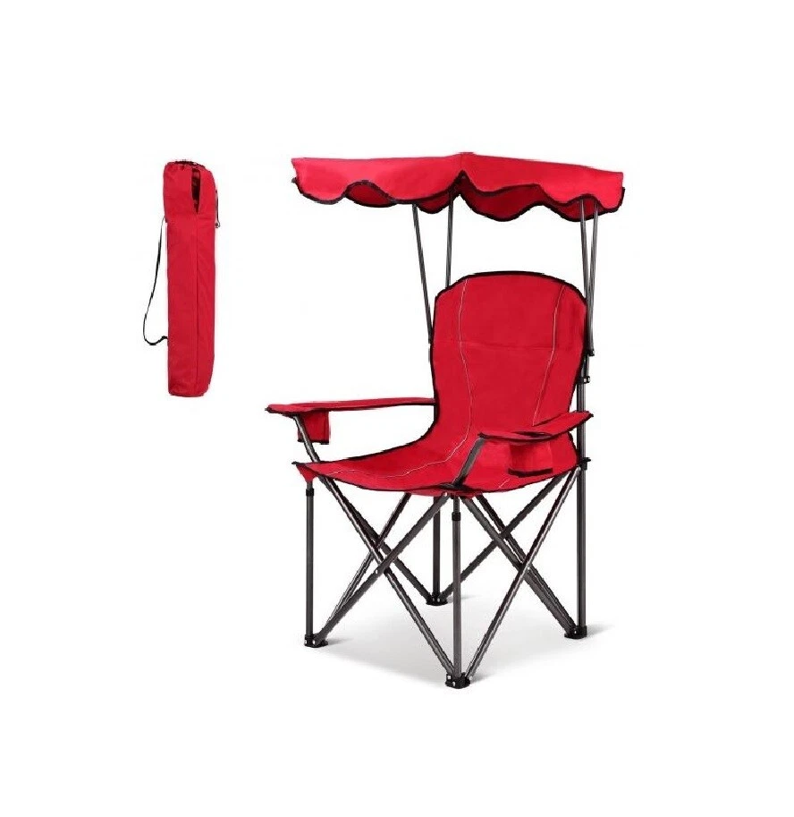 Red Portable Folding Beach Chair with Canopy Cup Holder Outdoor