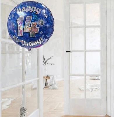 OAKTREE UK (1) 18in Happy 14th Birthday Blue Holographic Foil Balloon. 14th Party Balloons