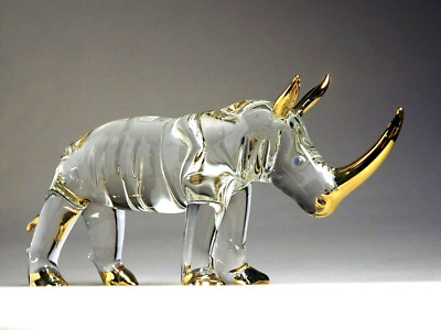 Rhino Rhinoceros figure figurine hand blown Art Glass gold trim 5.5'' GIFT decor