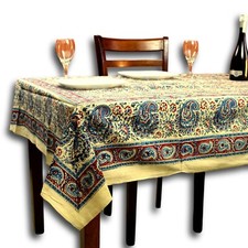Cotton Block Print Paisley Tablecloth Rectangle Blue Green Kitchen Dining Linen
