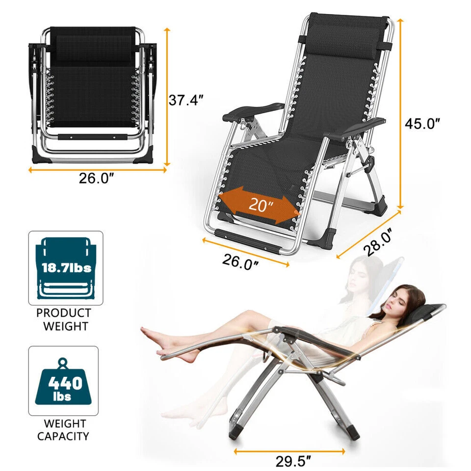 Cadeira de acampamento MOPHOTO tamanho grande pátio gravidade zero espreguiçadeira com tapete almofada - Imagem 2 de 4