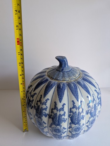Vintage Chinese Blue & White Pumpkin Ginger Jar Chinoiserie 1950's Floral 10.5" - Picture 11 of 15