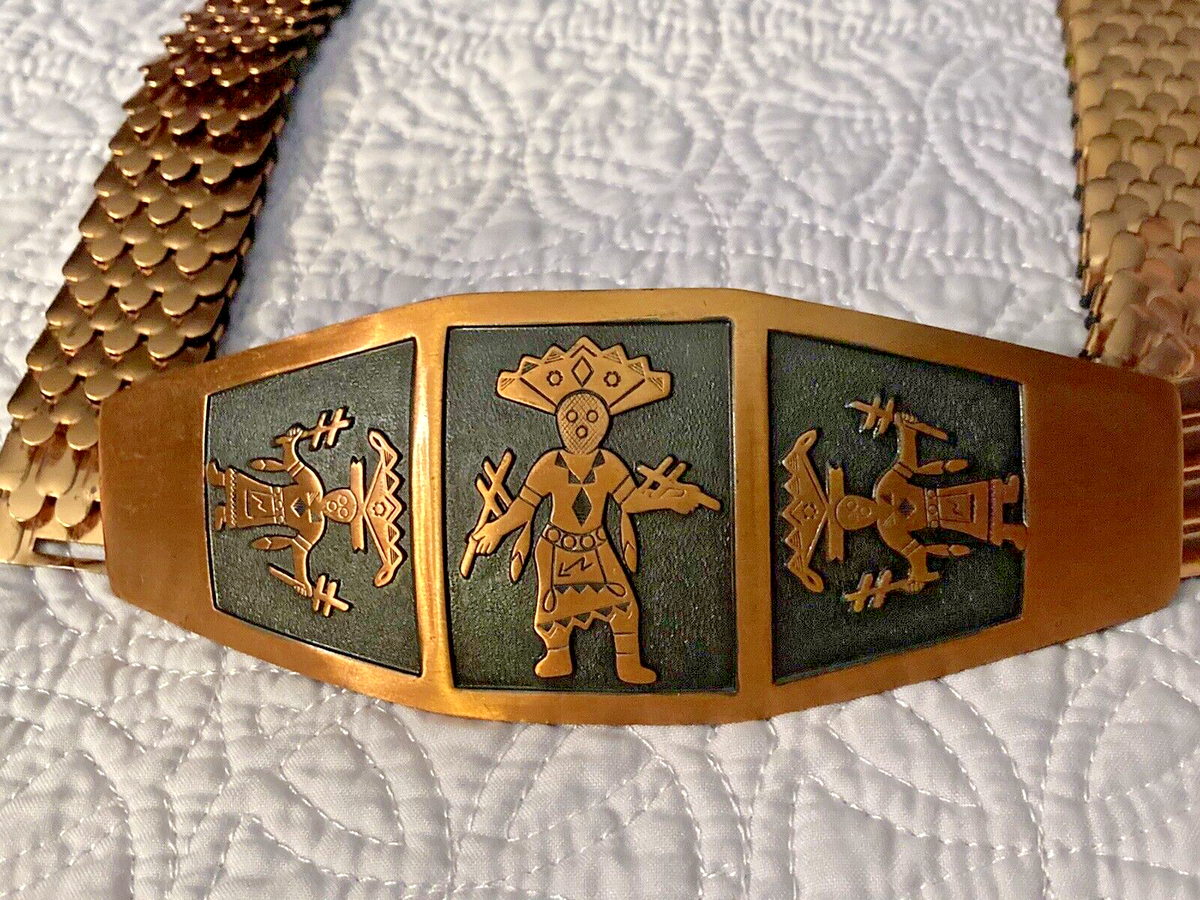 Inca Buckle Copper Stretch Belt Vintage Small Waist 26” Un 