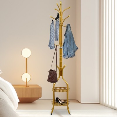 Modern Metal Coat Rack w/Storage Basket Hat Coat Hanger Stand