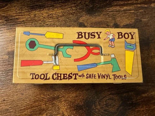 Vintage Ohio Art Busy Boy Tool Chest with Safe Vinyl Tools - Empty Tin
