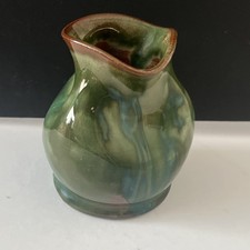 Welsh Ewenny Pottery Small Vase Pot Green Scrunched Rim 9.5cm Studio Pottery