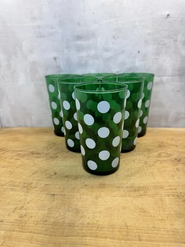 Vintage MCM Green Anchor Hocking Dots 6 Juice Glasses #1342