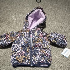Carter's Baby Puffer Jacket 12M Hooded Lined Floral Navy Pink Yellow White