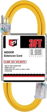 3 ft Lighted Extension Cord - 12/3 SJTW Heavy Duty Yellow Extension Cable with 3