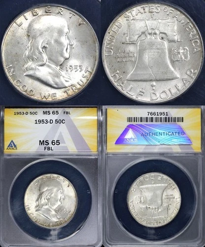 1953-D 50c Franklin Half Dollar ANACS MS 65 FBL
